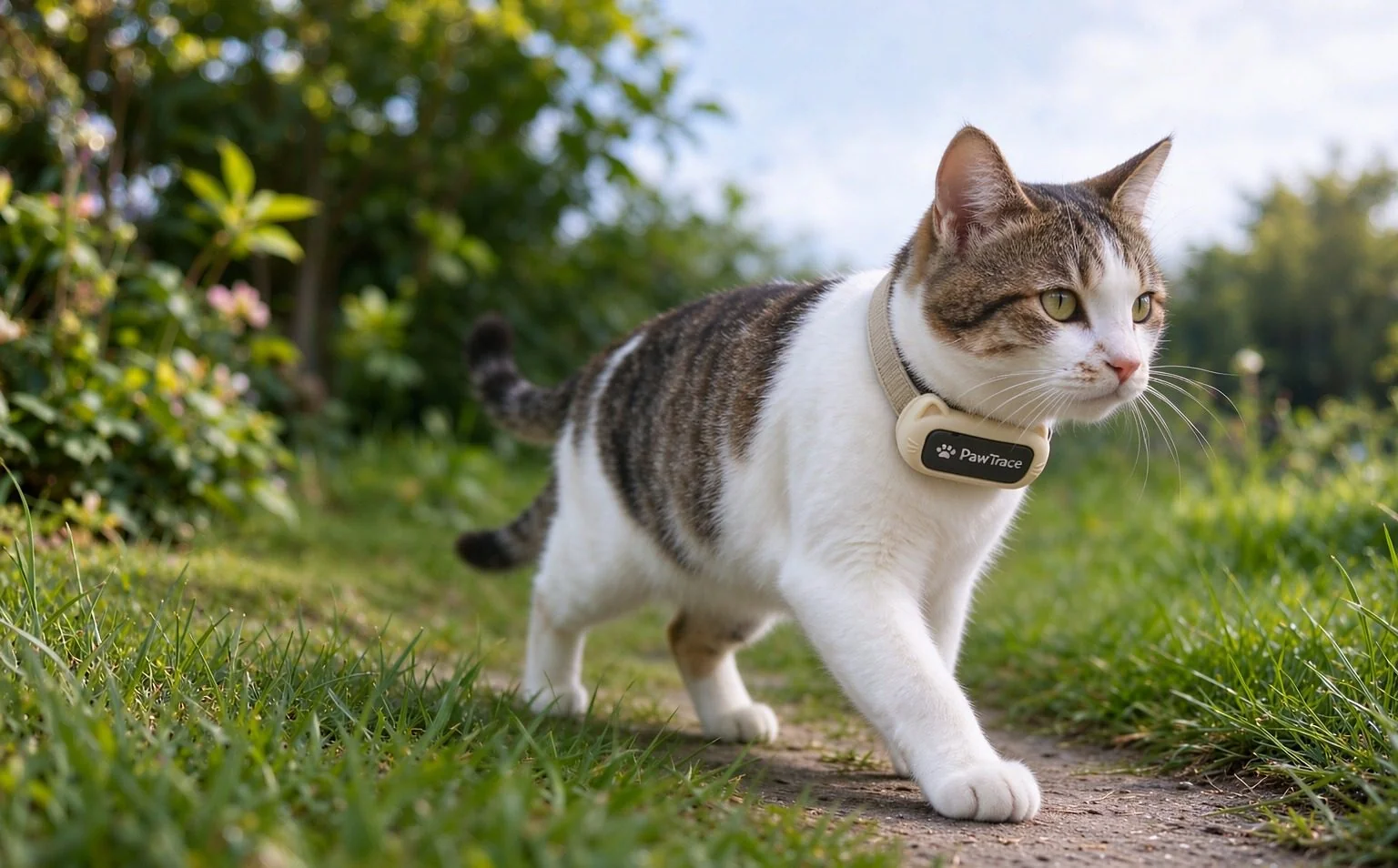 Cat walking on grass wearing the WhiskerTrail GPS collar