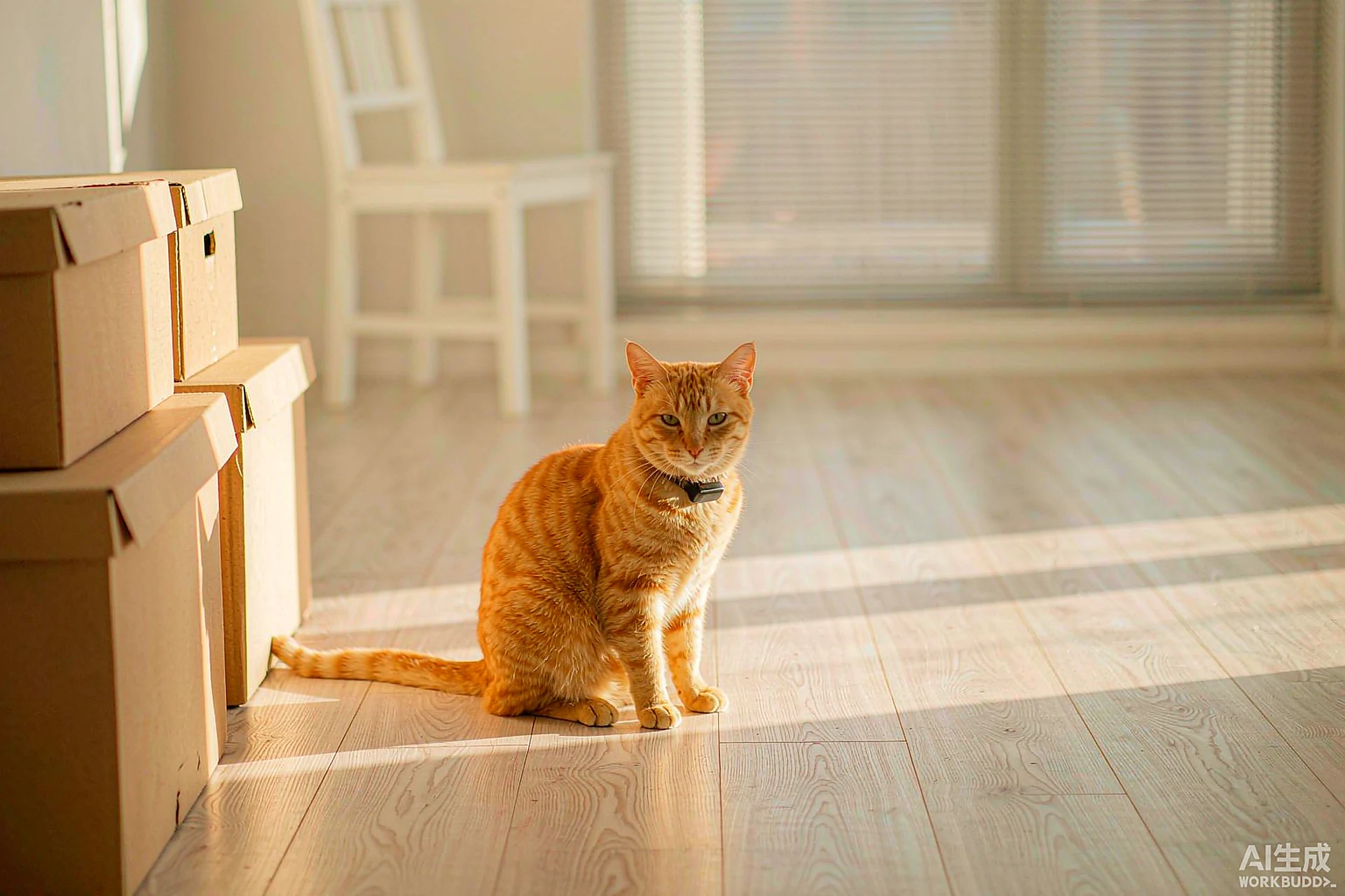 Ginger tabby cat wearing a small GPS track logger on its collar, sitting beside moving boxes in a new home