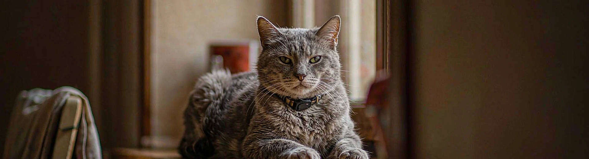 Elderly tabby cat resting on a sunlit windowsill wearing a small GPS track logger collar device