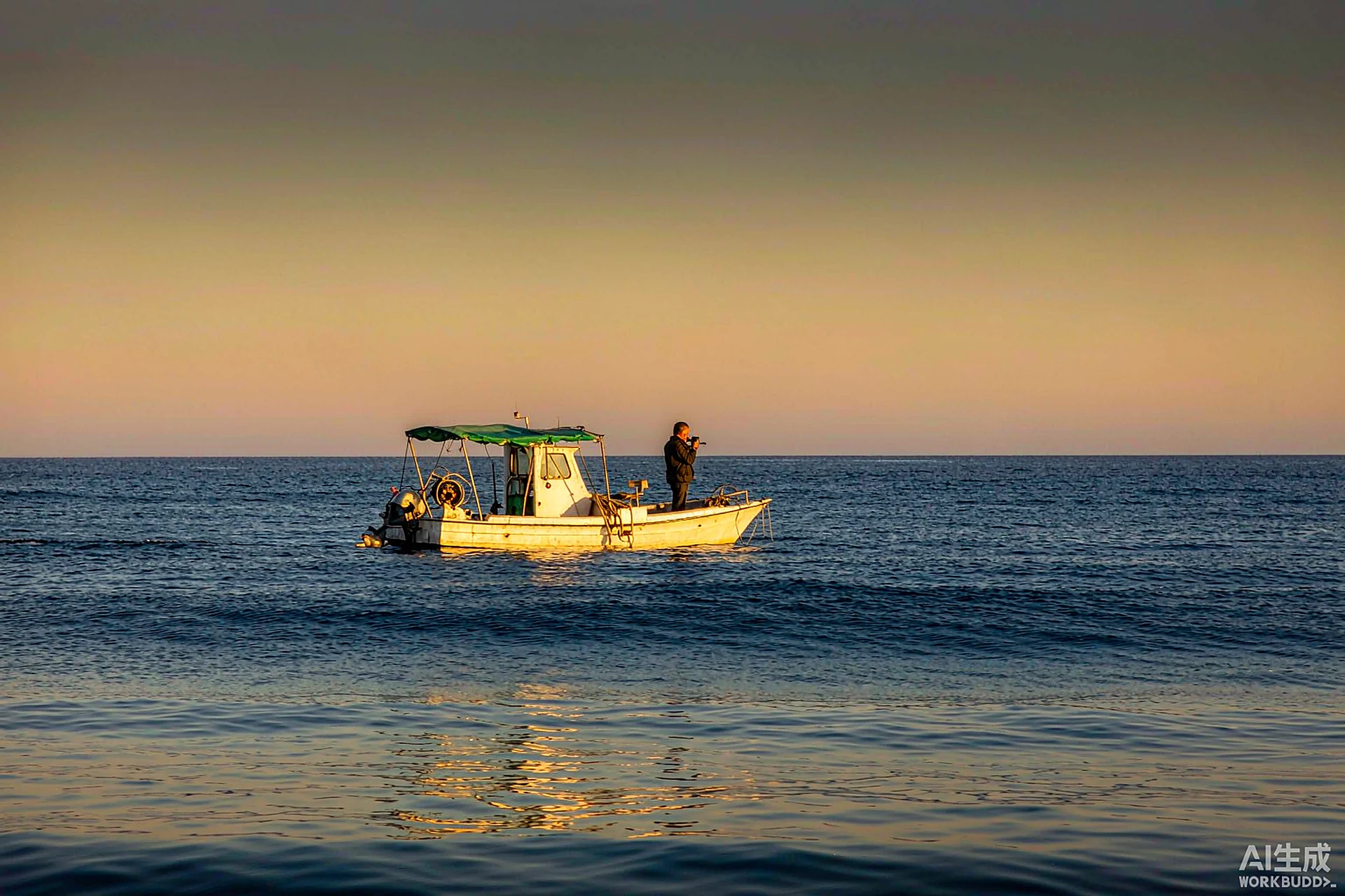 Angler on a small boat at golden hour holding a handheld GPS navigator to mark a fishing spot